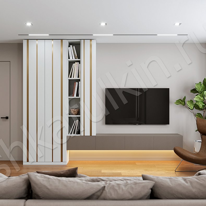 Изображение Стенка Неаполи Золото Белый Светлые Современный 2х створчатые Гостиная Для книг Под ТВ Для вещей 1