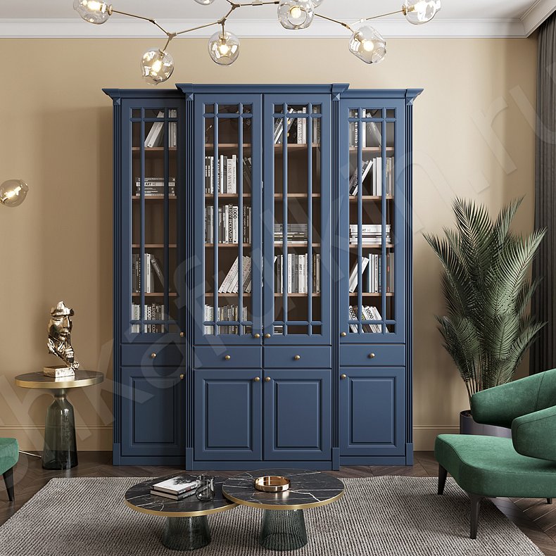 Шкаф Сергиус Белый Цветной Серый Синий Неоклассика 4х створчатые Гостиная Для книг Для декора Для посуды 5