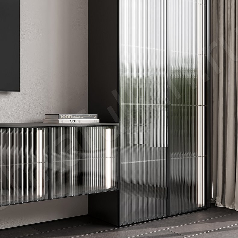 Изображение Стенка Мору Серый Темные Черный Современный 2х створчатые Гостиная Под ТВ Для посуды Для декора Для книг 2