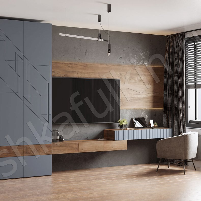 Стенка Сигма Темные Древесный Серый Современный 2х створчатые Гостиная Под ТВ Для вещей