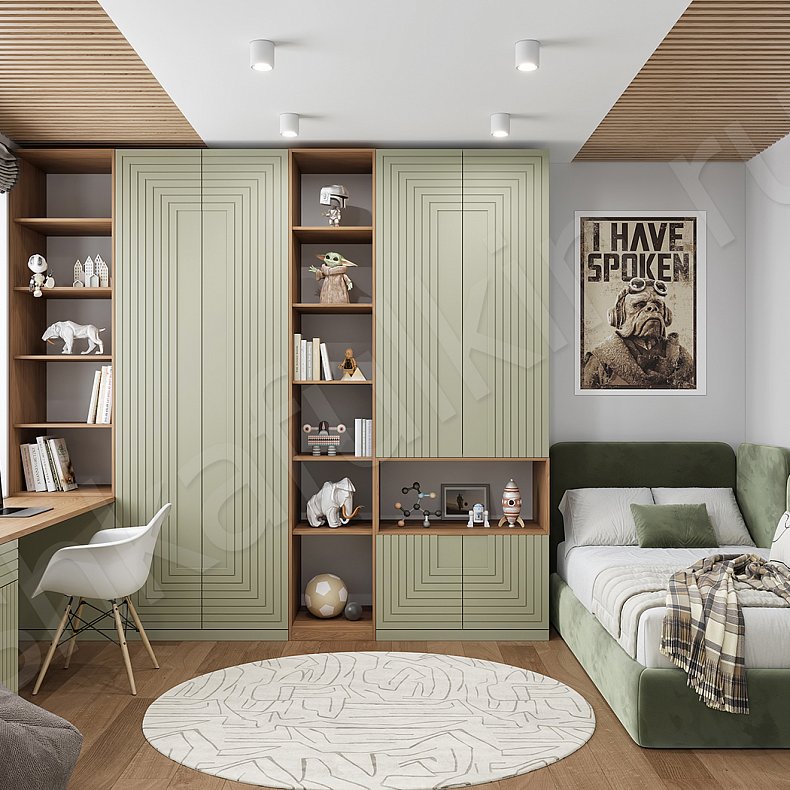 Изображение Детская Максимус Цветной Древесный Серый Синий Светлые Зеленый Минимализм 4х створчатые Детская Для книг Для декора Для вещей 2