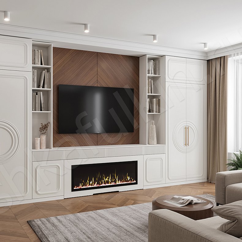 Изображение Стенка Санмарино с камином Белый Светлые Неоклассика 3х створчатые Гостиная Для книг Под ТВ 2