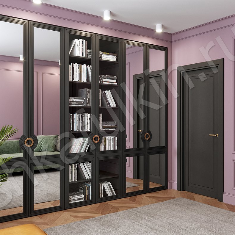 Шкаф-витрина Севилья Черный Золото Темные Неоклассика 4х створчатые Гостиная Для книг Для вещей