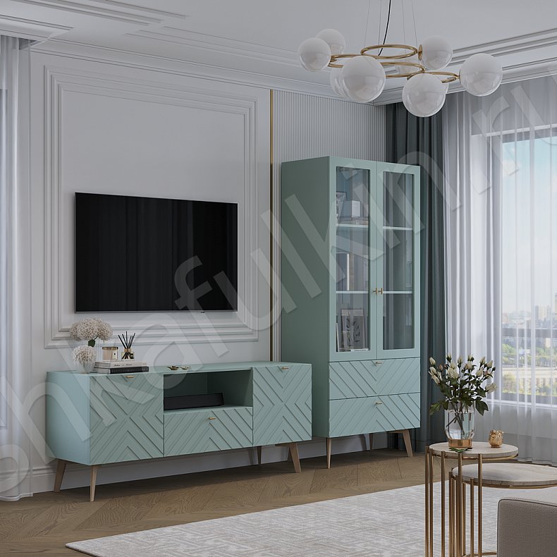 Изображение Стенка Снежана Светлые Синий Цветной Неоклассика 2х створчатые Гостиная Для декора Для книг 1