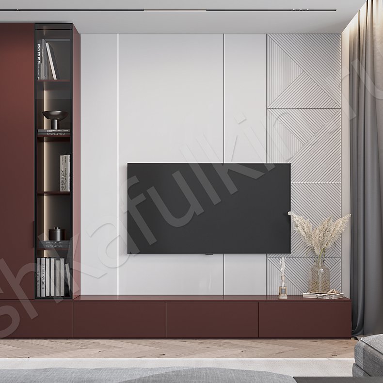 Стенка Ферреро Красный Цветной Коричневый Темные Современный 2х створчатые Гостиная Для книг Для декора Под ТВ