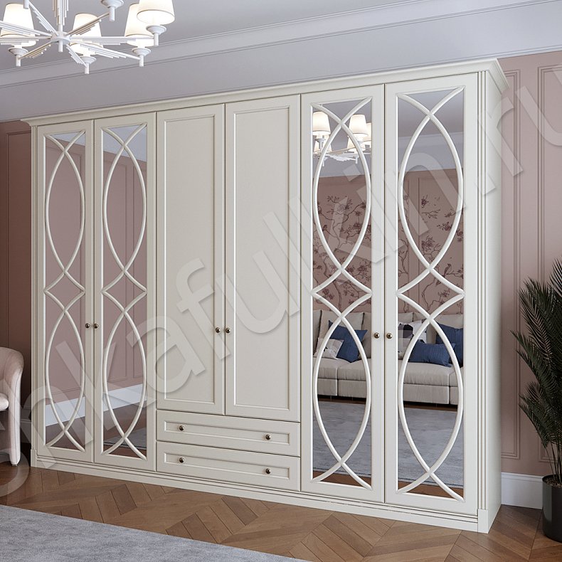 Шкаф Моника Белый Светлые Неоклассика 6и створчатые Спальня Для белья Для вещей