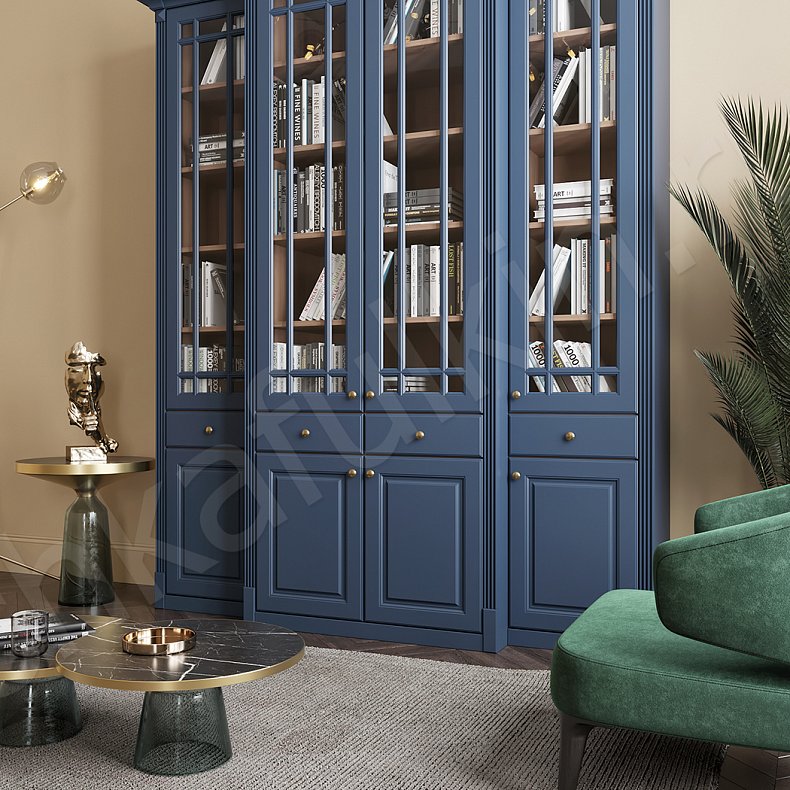 Шкаф Сергиус Белый Цветной Серый Синий Неоклассика 4х створчатые Гостиная Для книг Для декора Для посуды 8