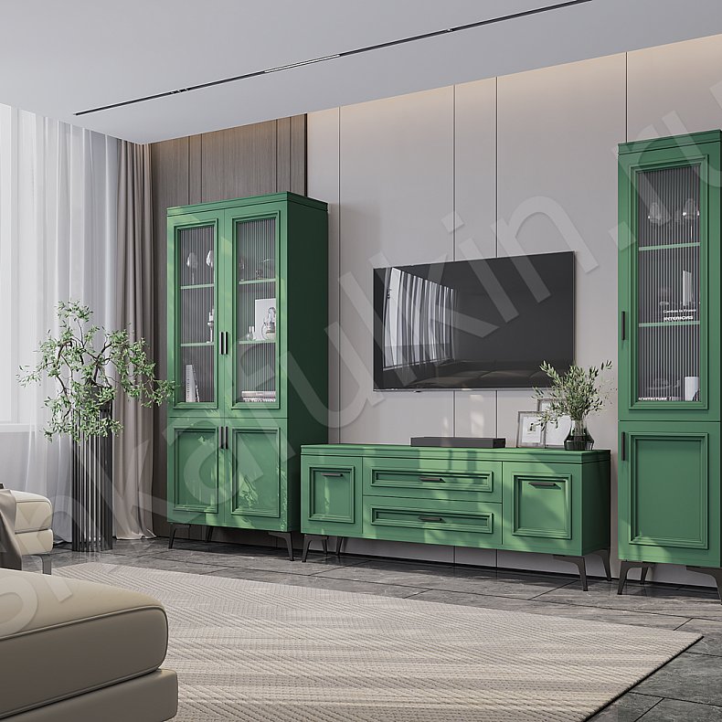 Изображение Стенка Изумио Светлые Цветной Синий Зеленый Неоклассика 2х створчатые Гостиная Для книг Для декора Под ТВ 6