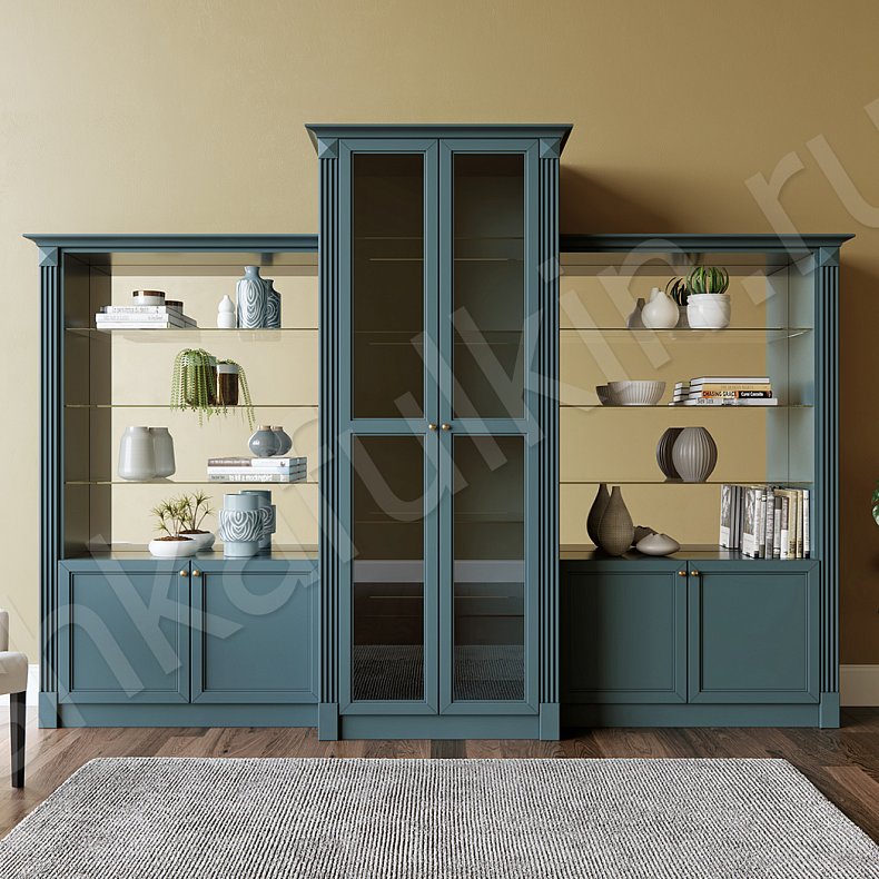 Стенка Жизель Светлые Белый Синий Темные Классика 2х створчатые Гостиная Для книг Для декора Для посуды