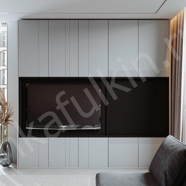 Изображение Стенка Фредерик Черный Светлые Серый Современный 6и створчатые Гостиная Для книг Под ТВ Для вещей 1