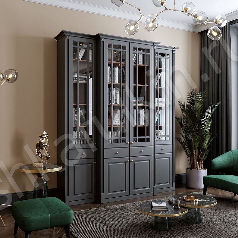 Шкаф Сергиус Белый Цветной Серый Синий Неоклассика 4х створчатые Гостиная Для книг Для декора Для посуды