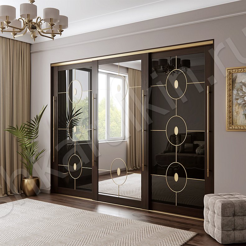 Встроенный шкаф-купе Чарльз Черный Золото Темные Современный 3х створчатые Гостиная Для вещей 2