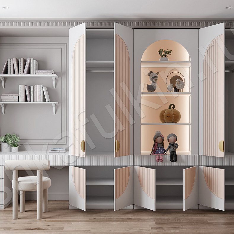 Детская Рианна Розовый Светлые Синий Цветной Белый Современный 4х створчатые Детская Для вещей Для декора Для книг 3