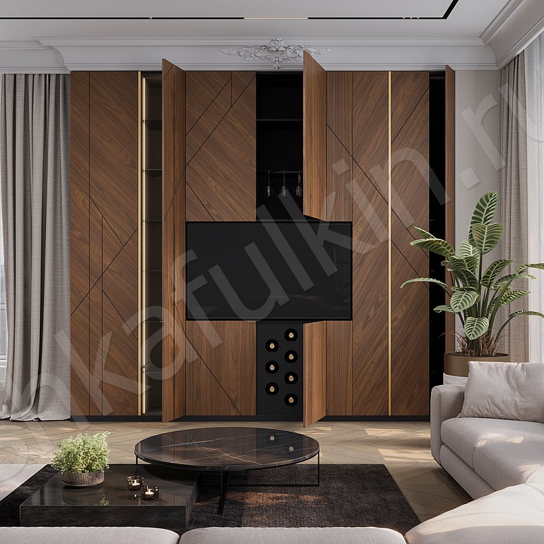 Изображение Стенка Орион Светлые Древесный Современный 6и створчатые Гостиная Под ТВ 2