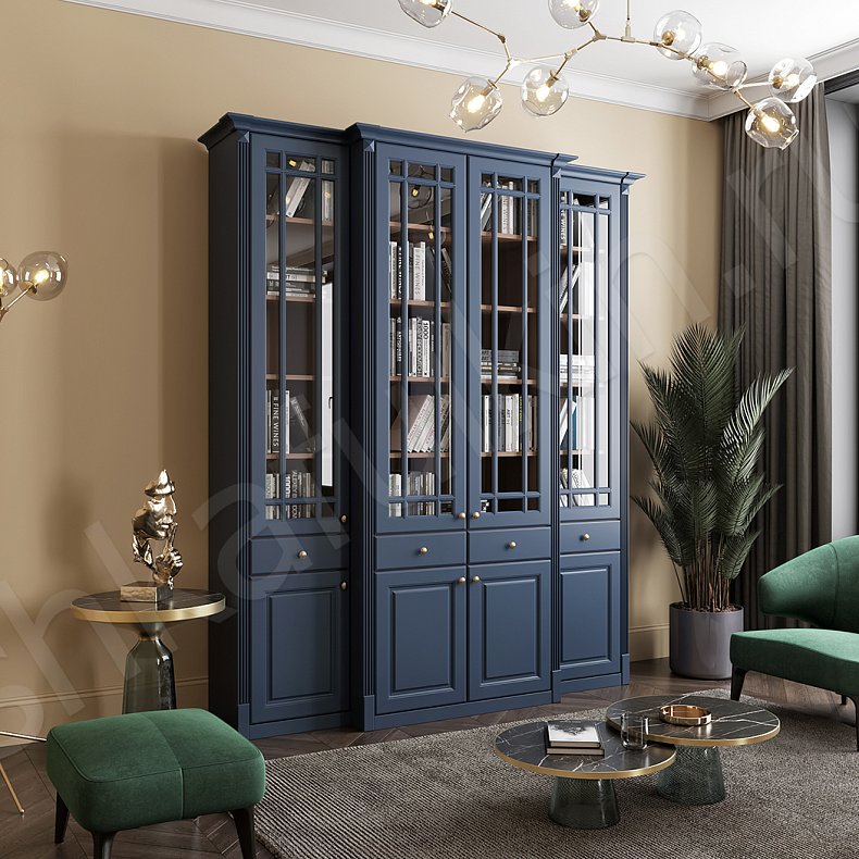 Шкаф Сергиус Белый Цветной Серый Синий Неоклассика 4х створчатые Гостиная Для книг Для декора Для посуды 2