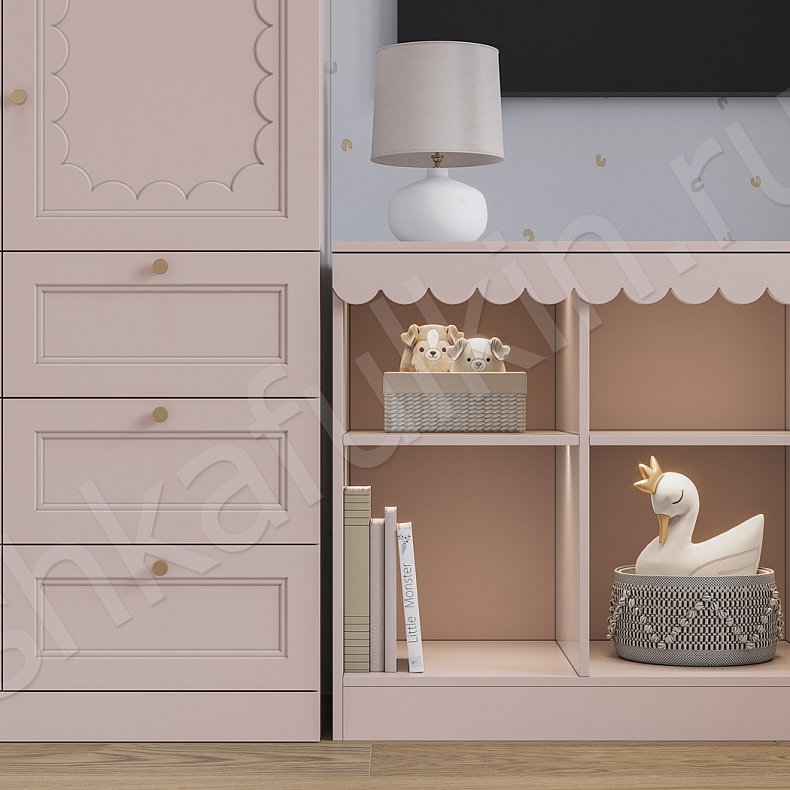 Изображение Гарнитур Аскетта Цветной Розовый Светлые Неоклассика 2х створчатые Детская Для книг Для декора Под ТВ Для вещей 3