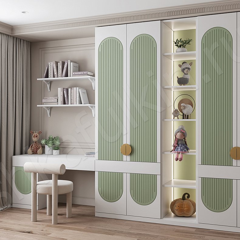 Детская Астория Белый Зеленый Современный 4х створчатые Детская Для книг Для декора Для вещей 2