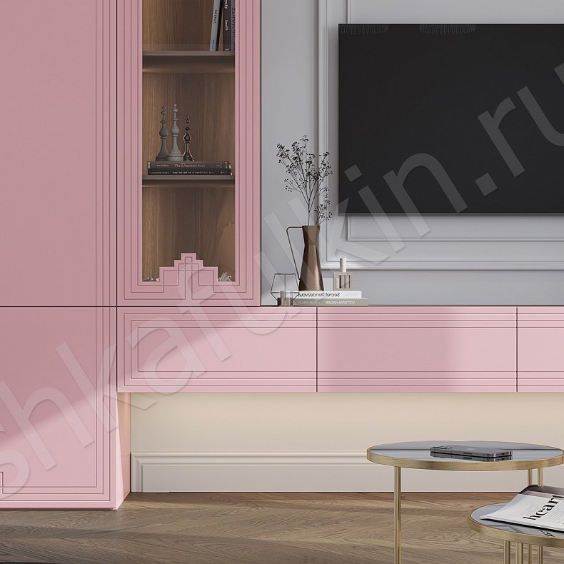Изображение Стенка Метрополитан Розовый Белый Цветной Светлые Неоклассика 4х створчатые Гостиная Для книг Для декора Под ТВ 11