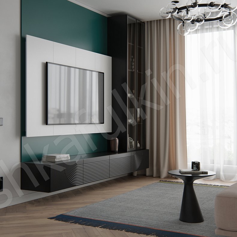 Изображение Стенка с витриной Зингер Темные Черный Неоклассика 2х створчатые Гостиная Для книг Для декора Под ТВ 3