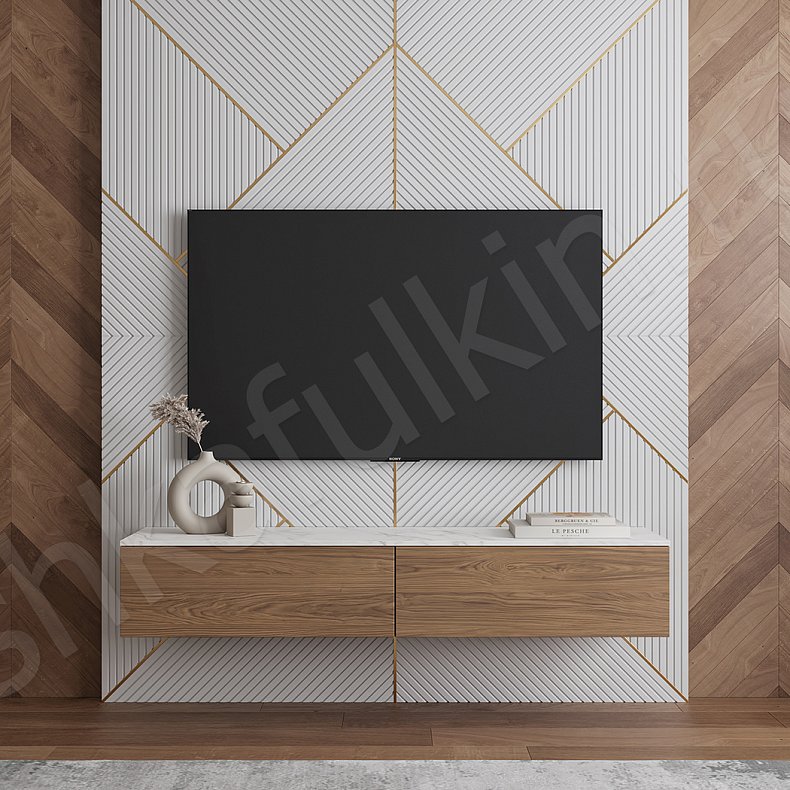 Изображение Стеновая панель и тумба Хиггенс Светлые Древесный Белый Современный  Гостиная Под ТВ 2