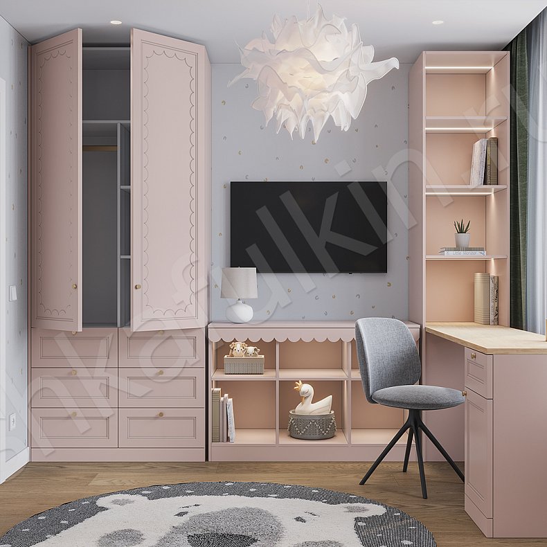 Изображение Гарнитур Аскетта Цветной Розовый Светлые Неоклассика 2х створчатые Детская Для книг Для декора Под ТВ Для вещей 5
