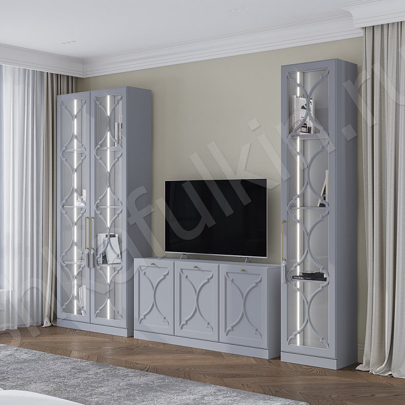 Стенка Айлин Серый Светлые Неоклассика 2х створчатые Гостиная Для вещей Под ТВ Для посуды Для декора Для книг 3