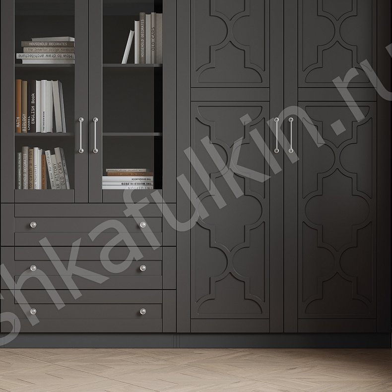 Изображение Стенка Пифагор Белый Серый Светлые Темные Неоклассика 6и створчатые Гостиная Для книг Для декора Для вещей 6