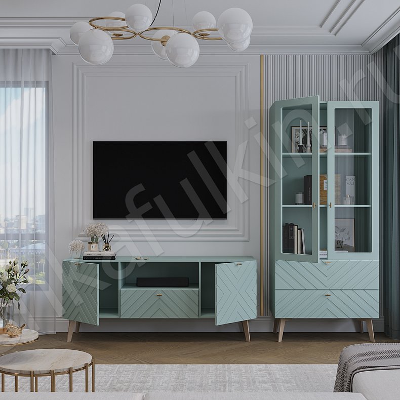 Изображение Стенка Снежана Светлые Синий Цветной Неоклассика 2х створчатые Гостиная Для декора Для книг 2