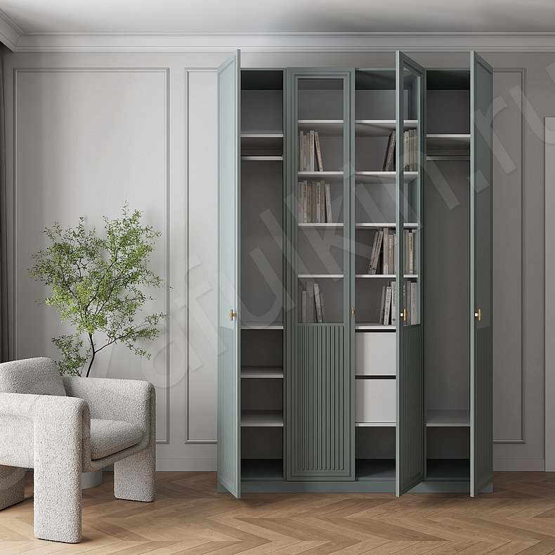 Изображение Шкаф 4 двери Мельпомена Темные Цветной Зеленый Неоклассика 4х створчатые Гостиная Для книг Для декора Для вещей 4