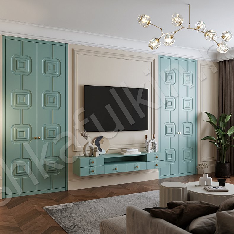 Гарнитур Тиффани Синий Светлые Зеленый Неоклассика 2х створчатые Гостиная Под ТВ Для вещей