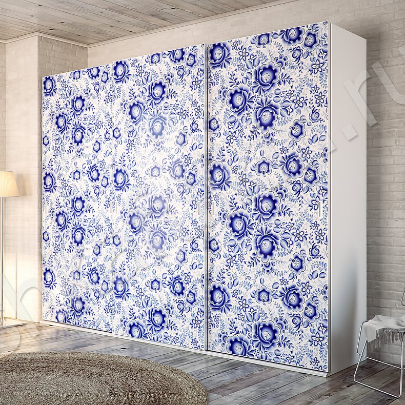 Корпусный шкаф-купе Гжель Светлые Синий Белый Этнический 3х створчатые Гостиная Для вещей