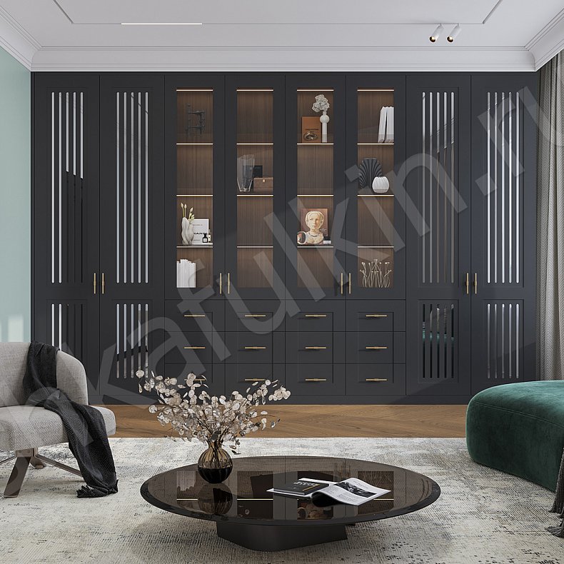 Шкаф-витрина Сандерс Темные Черный Современный 2х створчатые Гостиная Для вещей Для декора Для книг