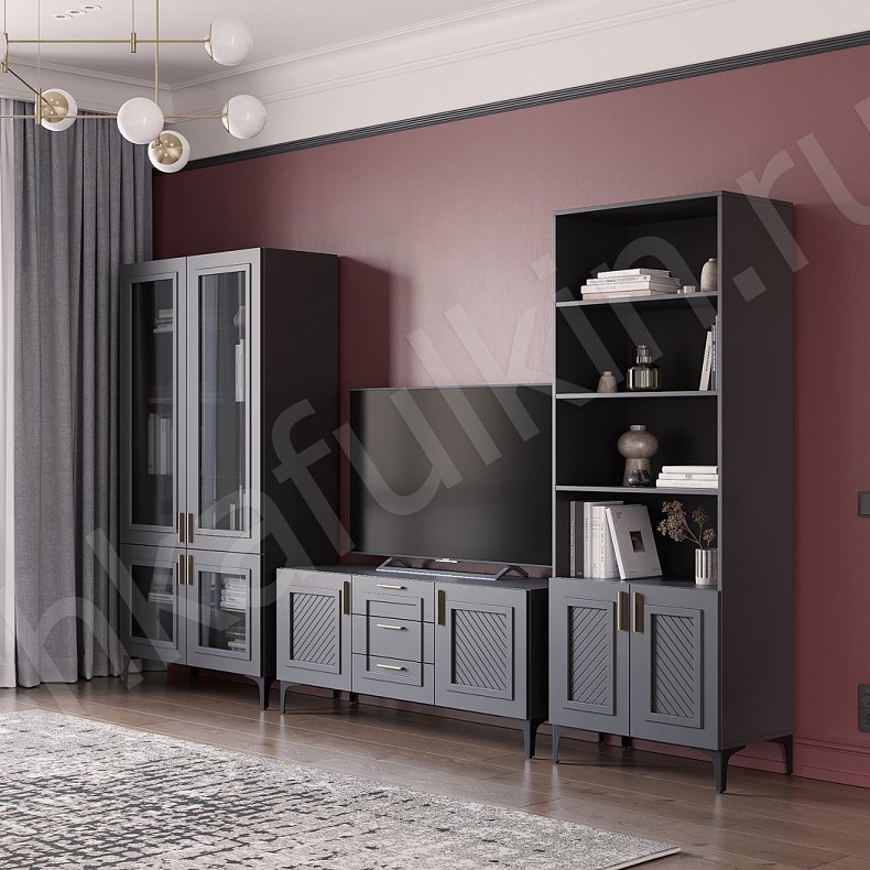 Изображение Стенка Танзано Белый Серый Светлые Темные Современный 2х створчатые Гостиная Для книг Для декора Под ТВ 3