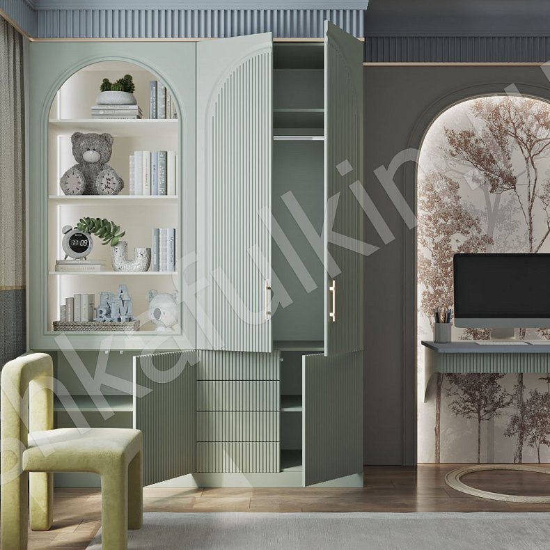 Изображение Детская Пандора Цветной Светлые Зеленый Неоклассика 2х створчатые Детская Для книг Для вещей 3