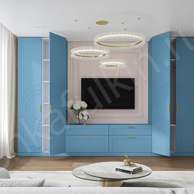 Изображение Стенка Линдор Синий Цветной Коричневый Светлые Неоклассика 4х створчатые Гостиная Под ТВ Для вещей 13