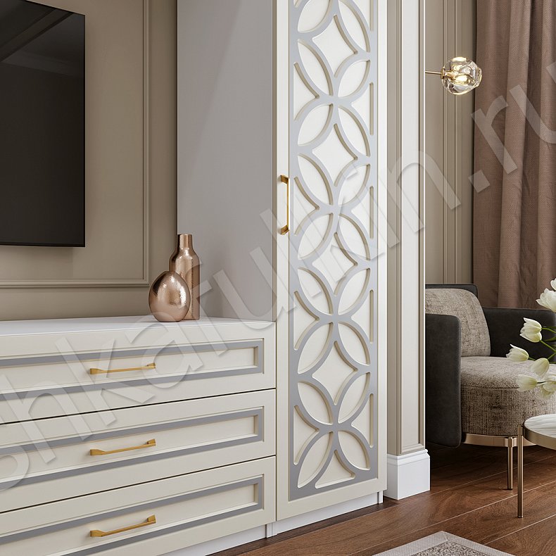 Изображение Стенка Меренга Белый Коричневый Серый Светлые Неоклассика 2х створчатые Спальня Под ТВ 11