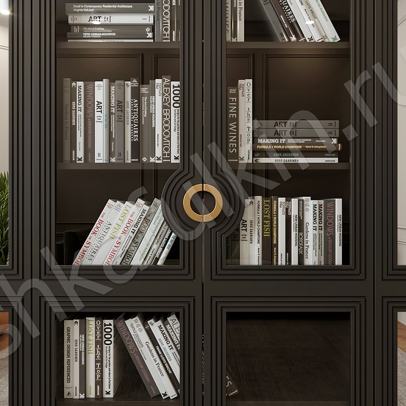 Шкаф-витрина Севилья Черный Золото Темные Неоклассика 4х створчатые Гостиная Для книг Для вещей 8