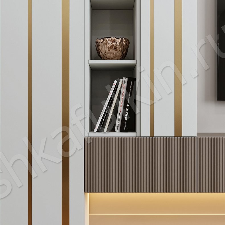 Изображение Стенка Неаполи Золото Белый Светлые Современный 2х створчатые Гостиная Для книг Под ТВ Для вещей 3