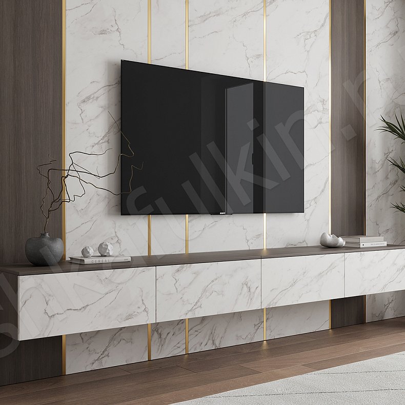 Изображение Стеновая панель и тумба Тангенс Светлые Древесный Белый Современный Гостиная Под ТВ 3