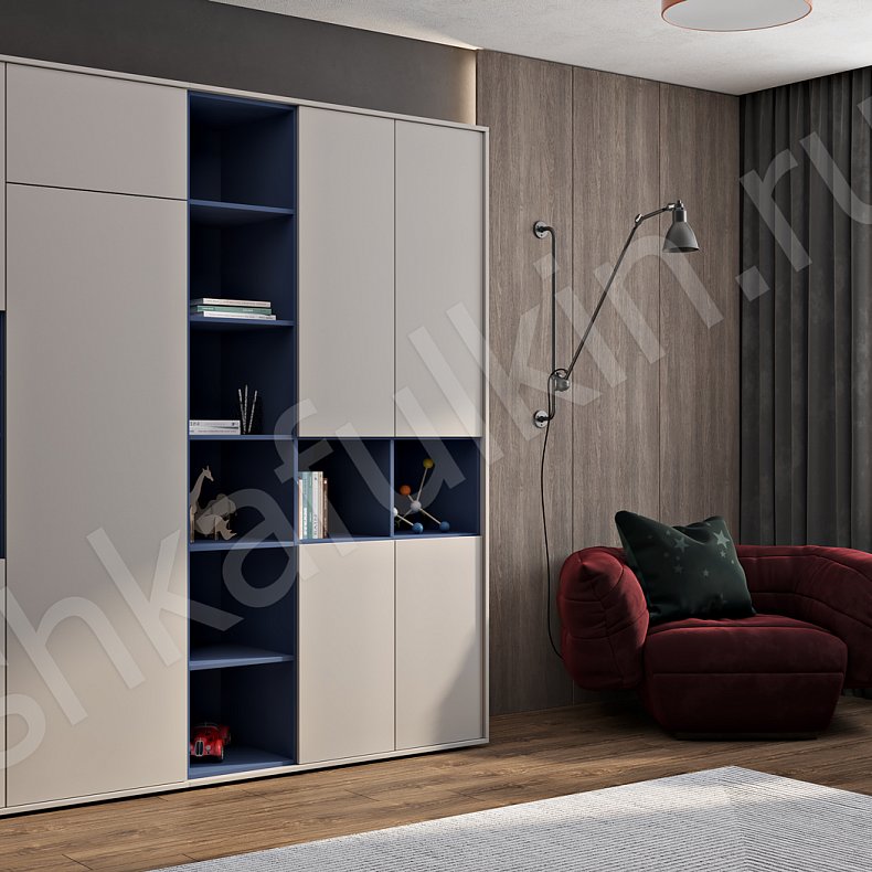 Изображение Шкаф Аморе Серый Белый Черный Цветной Синий Темные Минимализм 3х створчатые Гостиная Для книг Для декора Для вещей 9