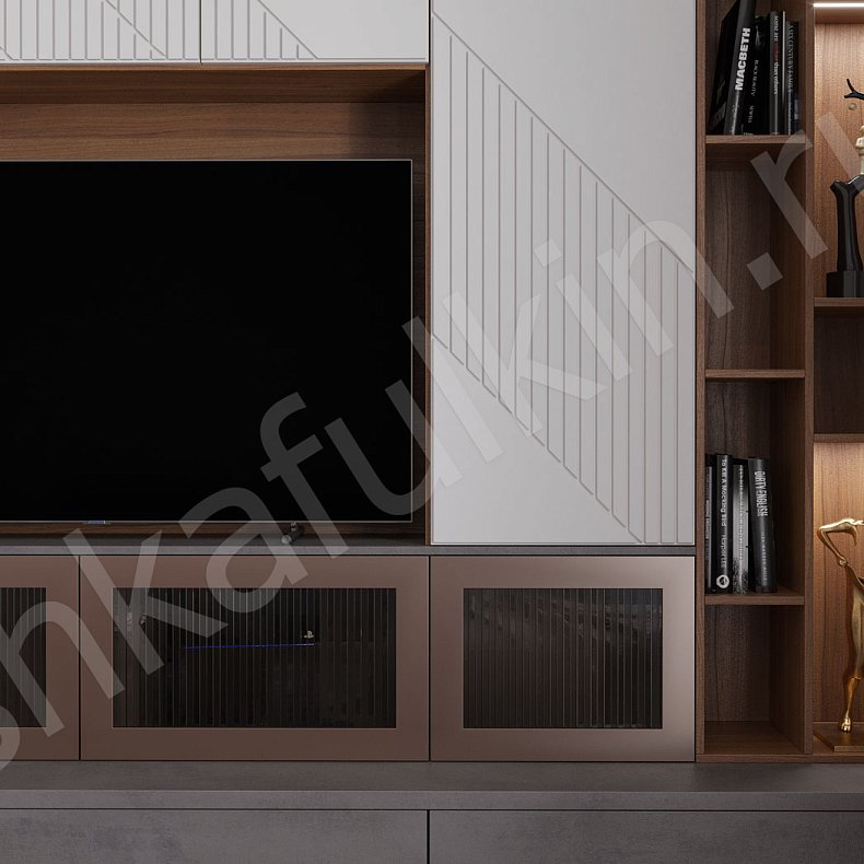 Изображение Стенка Мирра Светлые Белый Древесный Серый Современный Гостиная Для книг Для декора Под ТВ 4