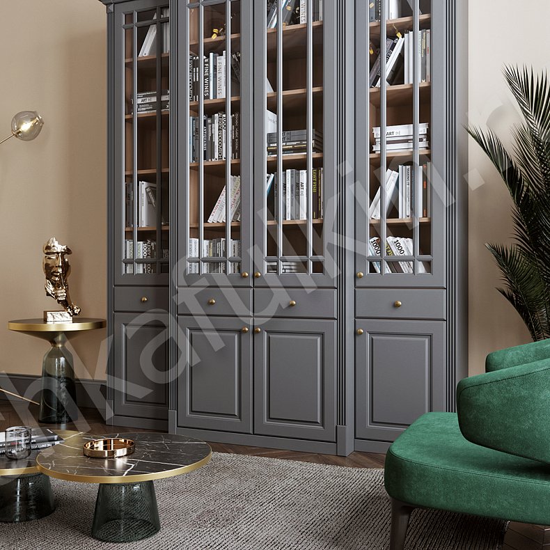 Шкаф Сергиус Белый Цветной Серый Синий Неоклассика 4х створчатые Гостиная Для книг Для декора Для посуды 6