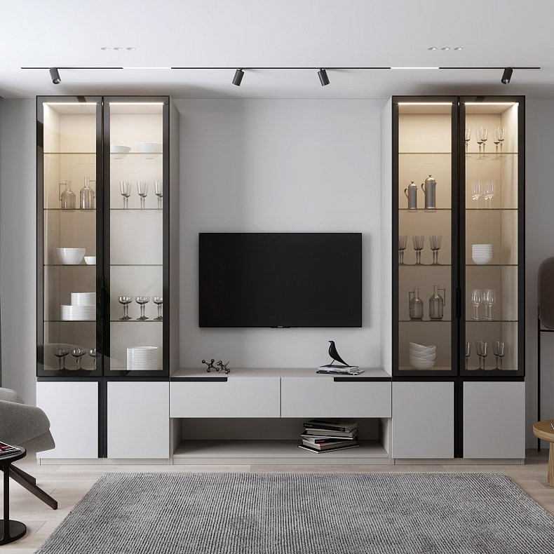 Стенка Альфа Белый Светлые Минимализм 2х створчатые Гостиная Для книг Для посуды Под ТВ