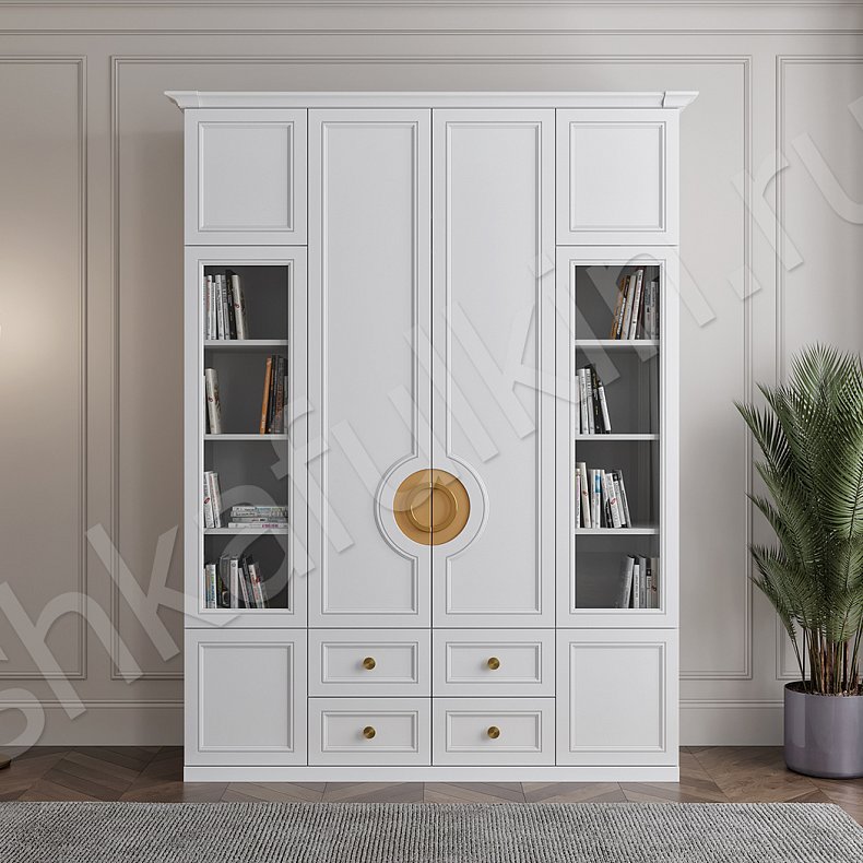 Изображение Шкаф-витрина Феллини Светлые Белый Неоклассика 4х створчатые Гостиная Для книг Для посуды Для вещей 1