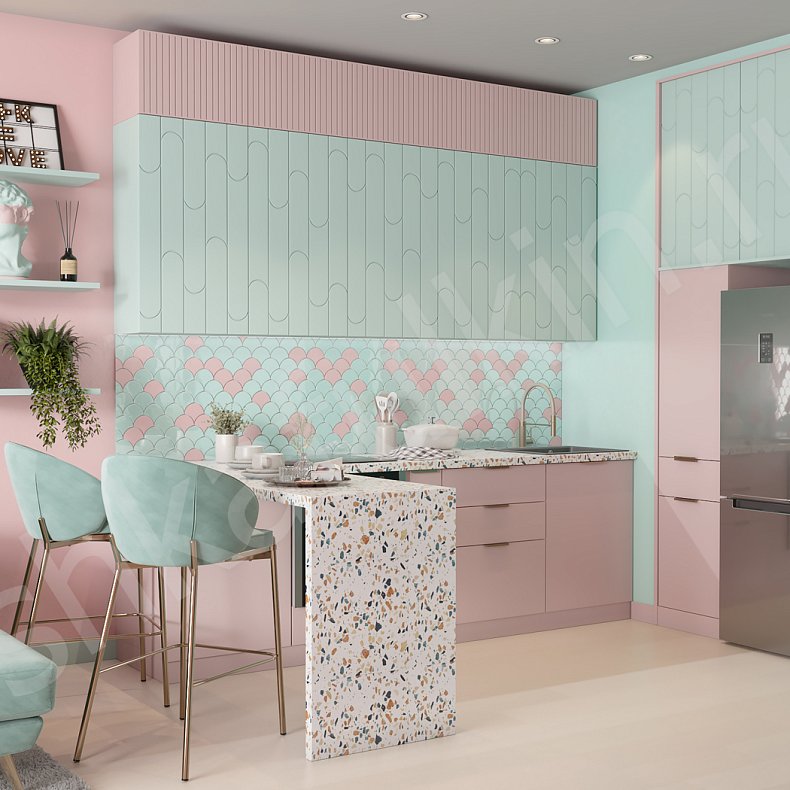 Изображение Кухня Бенамур Светлые Розовый Цветной Современный Для посуды 1