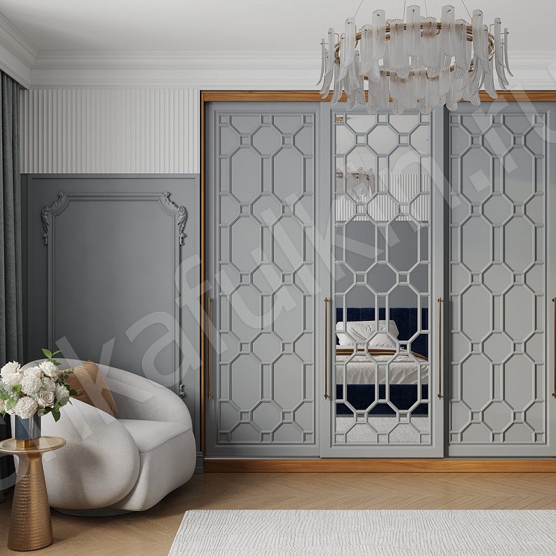 Изображение Шкаф-купе Сакура Серый Древесный Неоклассика 3х створчатые Спальня Для белья 1