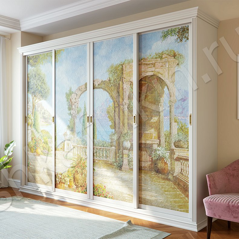 Корпусный шкаф-купе Одиссей Светлые Цветной Белый Классика 4х створчатые Гостиная Для вещей