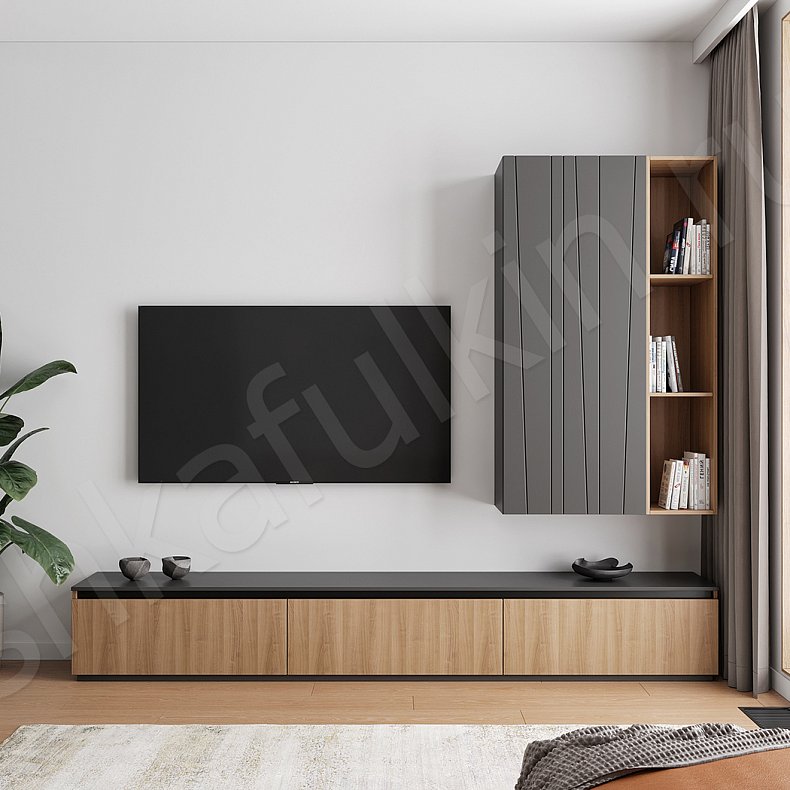 Стенка Ванесса Древесный Темные Серый Современный  Гостиная Для книг Для декора Под ТВ