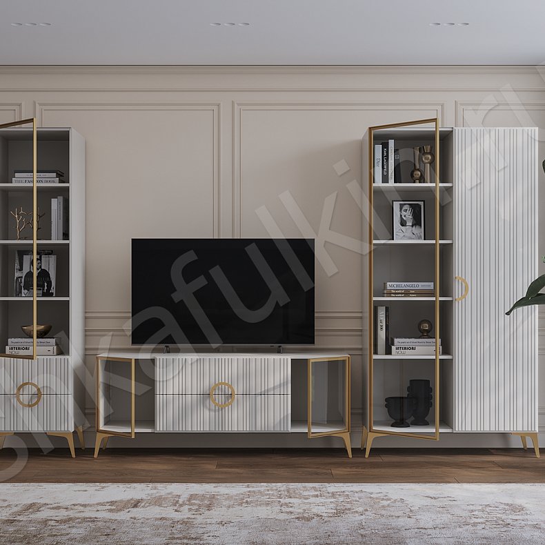 Изображение Стенка Обсидиан Белый Черный Цветной Красный Синий Светлые Темные Неоклассика 2х створчатые Гостиная Для книг Под ТВ 8