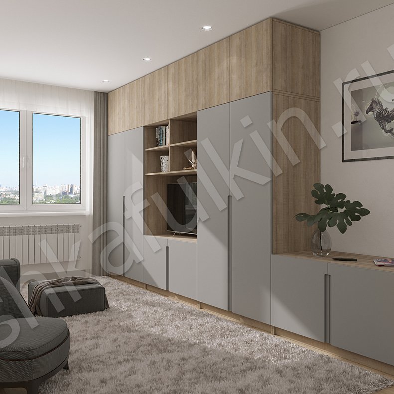 Изображение Стенка Пуэрто Белый Древесный Серый Светлые Минимализм 4х створчатые Гостиная Под ТВ Для вещей 1